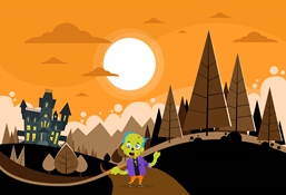 Halloween House Zombie Boy Scary Cartoon Character on Forest Road Flat Vector Illustration